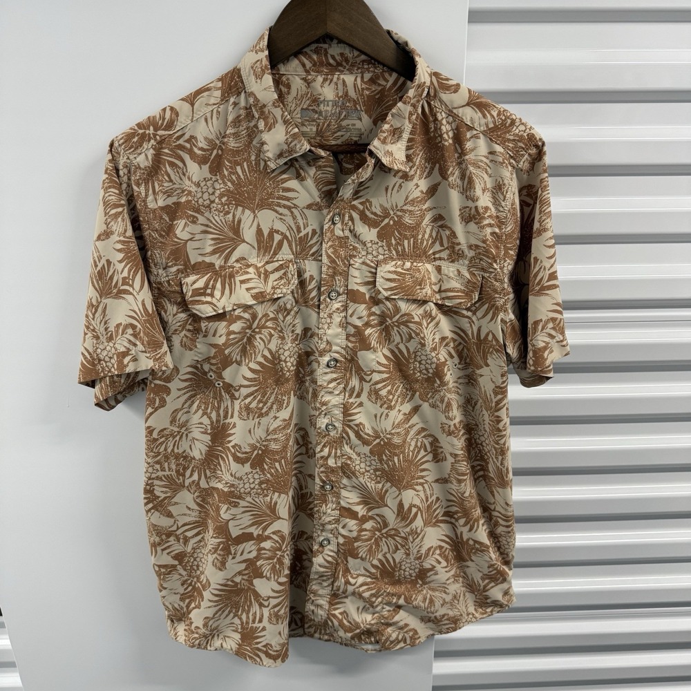 AriatTEK Fitted Hawaiian Fishing Shirt Mens M Brown Tropical Button Up